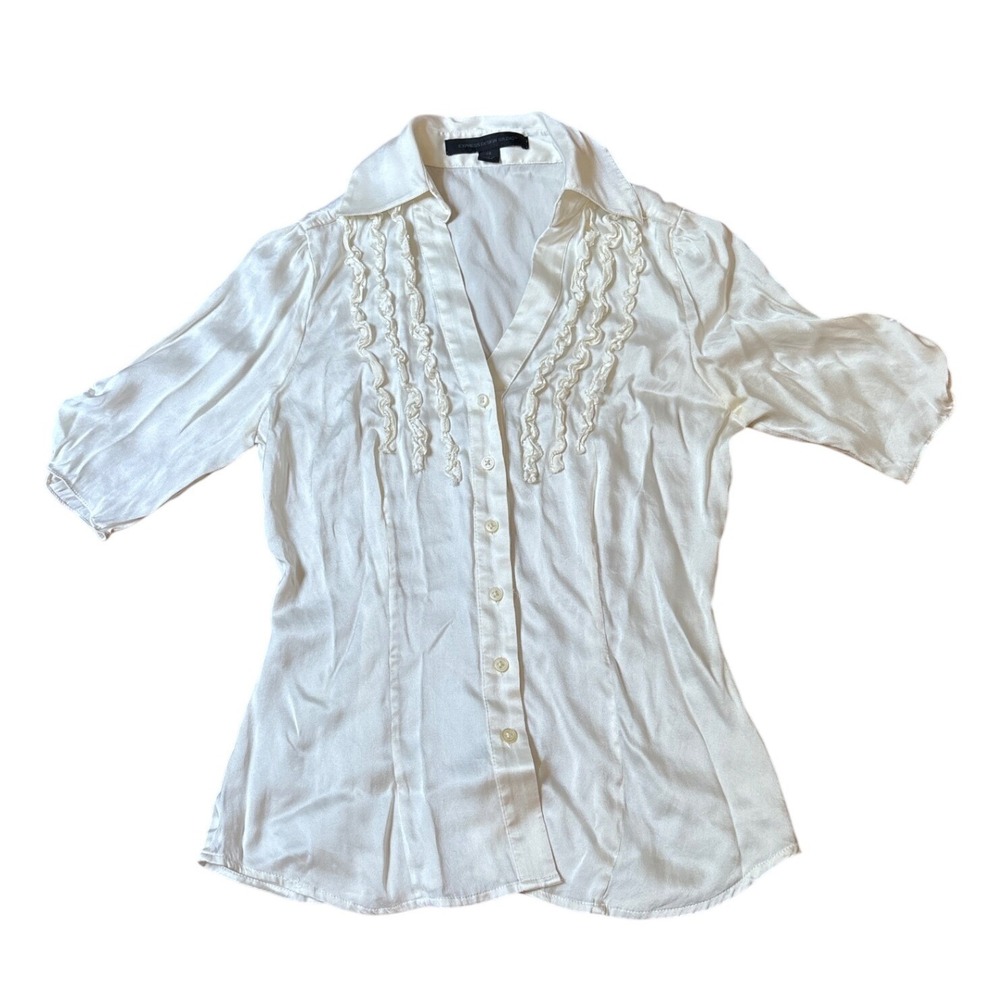 Express Design Studio Blouse Women White Ruffle Silk Stretch Vintage SIZE XS